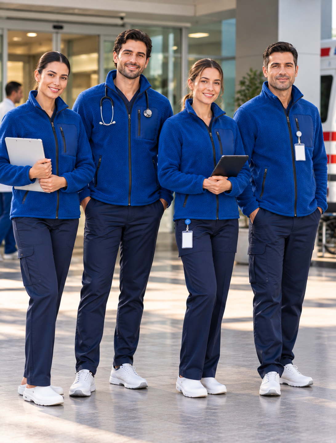 Sağlık personellerinin kurumsal kıyafet kullanımına yönelik hazırlanan saks mavi polar mont modeli ve personel kullanım örneği.