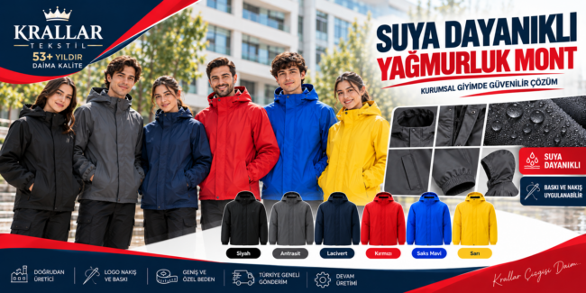 Krallar Tekstil, 53 yılı aşkın üretim tecrübesiyle suya dayanıklı yağmurluk mont imalatı, toptan üretim, logolu ve kuruma özel personel montu çözümleri sunmaktadır.