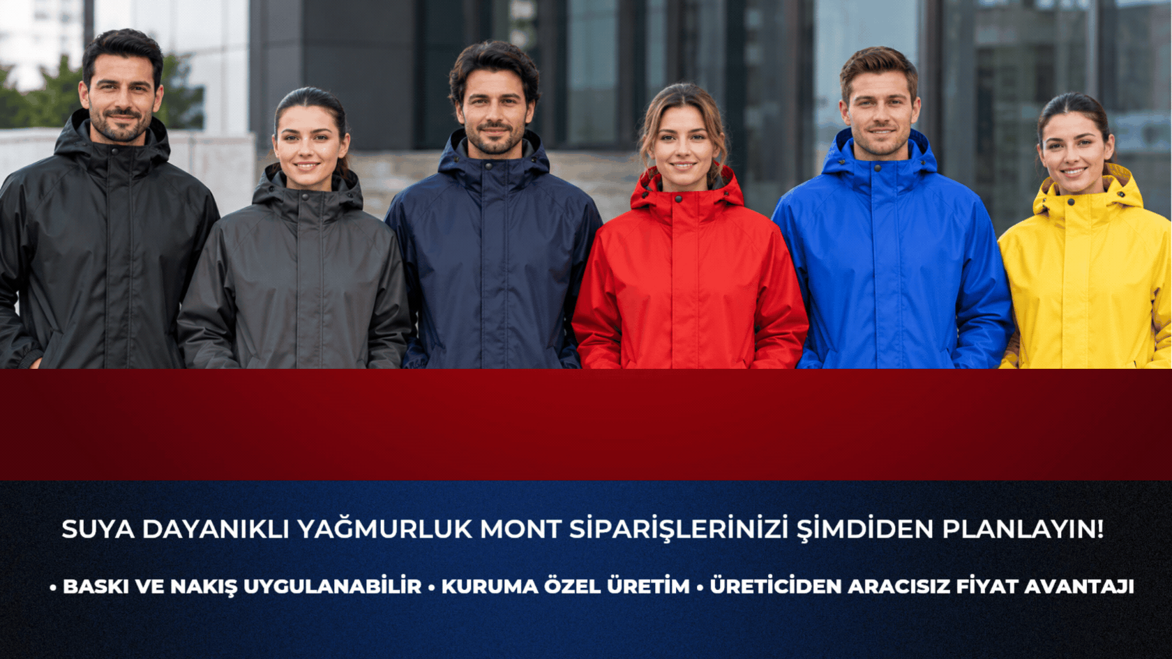 Krallar Tekstil suya dayanıklı yağmurluk mont modelleri; siyah, antrasit, lacivert, kırmızı, saks mavi ve sarı renk seçenekleriyle kurumlara özel üretilmektedir. Toplu sipariş, baskı ve nakış uygulaması, özel beden seçenekleri ve doğrudan üreticiden fiyat avantajı sunulmaktadır.